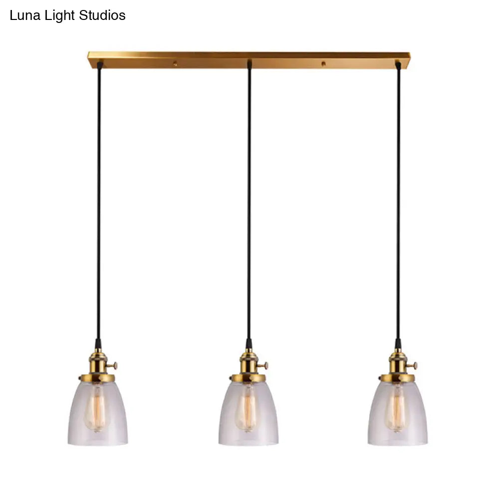 Industrial Aged Brass Dining Room Pendant Light Fixture With Tapered Clear Glass Shades - 3-Light