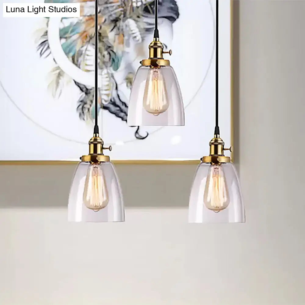 Industrial Clear Glass Dining Room Pendant Light Fixture - Aged Brass 3-Light