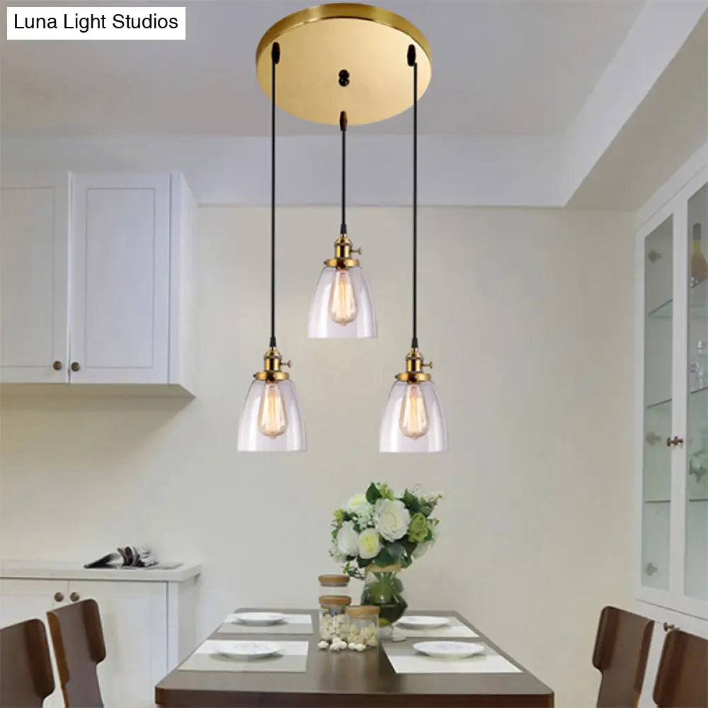 Industrial Clear Glass Dining Room Pendant Light Fixture - Aged Brass 3-Light / Round