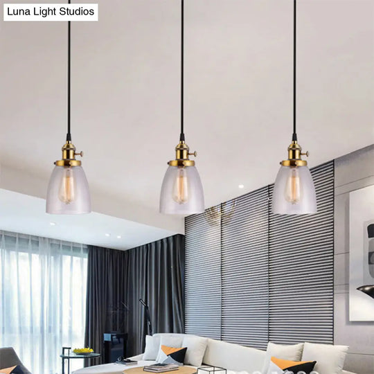 Industrial Aged Brass Dining Room Pendant Light Fixture With Tapered Clear Glass Shades - 3-Light