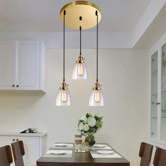 Industrial Aged Brass Dining Room Pendant Light Fixture With Tapered Clear Glass Shades - 3-Light /