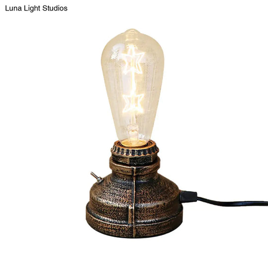 Industrial Aged Brass Table Lamp With Bare Bulb And Plug In Cord