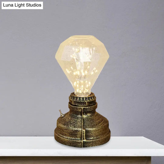 Industrial Aged Brass Table Lamp With Bare Bulb And Plug In Cord