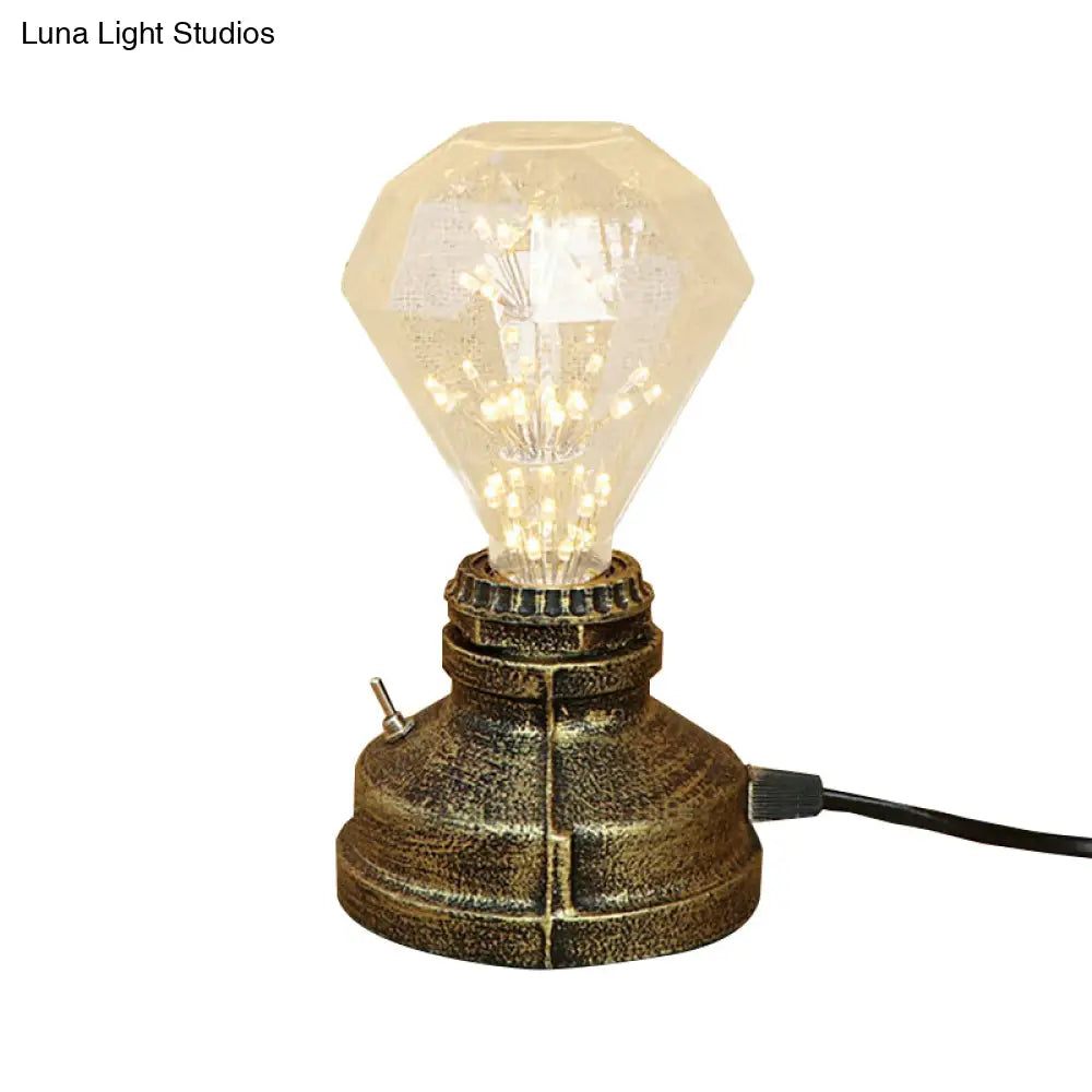 Industrial Aged Brass Table Lamp With Bare Bulb And Plug In Cord