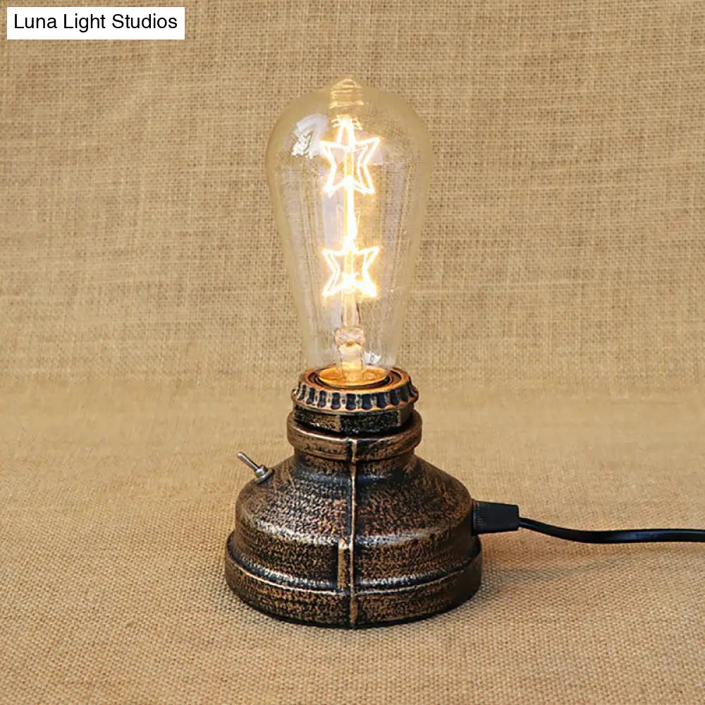 Industrial Aged Brass Table Lamp With Bare Bulb And Plug In Cord