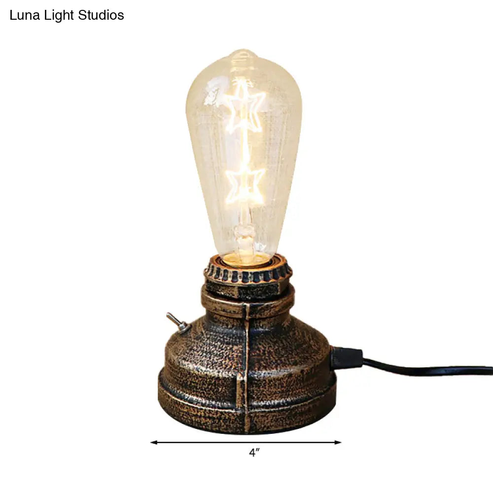 Industrial Aged Brass Table Lamp With Bare Bulb And Plug In Cord