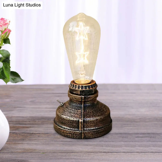 Industrial Aged Brass Table Lamp With Bare Bulb And Plug In Cord