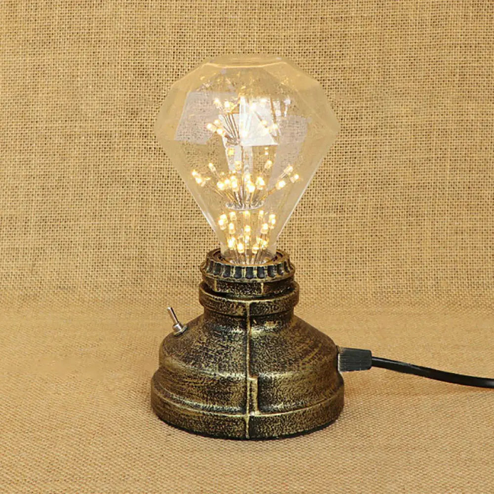 Industrial Aged Brass Table Lamp With Bare Bulb And Plug In Cord Antique