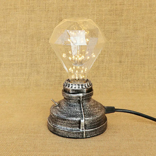 Industrial Aged Brass Table Lamp With Bare Bulb And Plug In Cord Silver