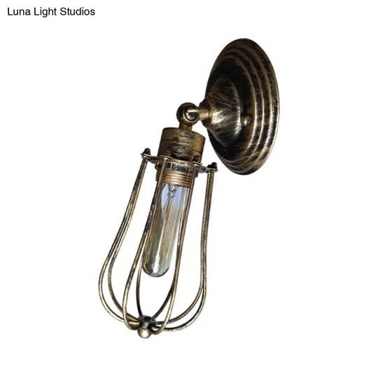 Industrial Aged Brass Wall Sconce With Wire Guard And Bulb Shade For Restaurants