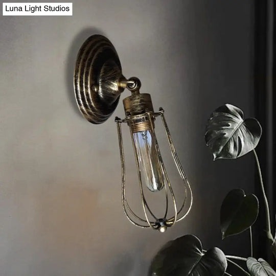 Industrial Aged Brass Wall Sconce With Wire Guard And Bulb Shade For Restaurants