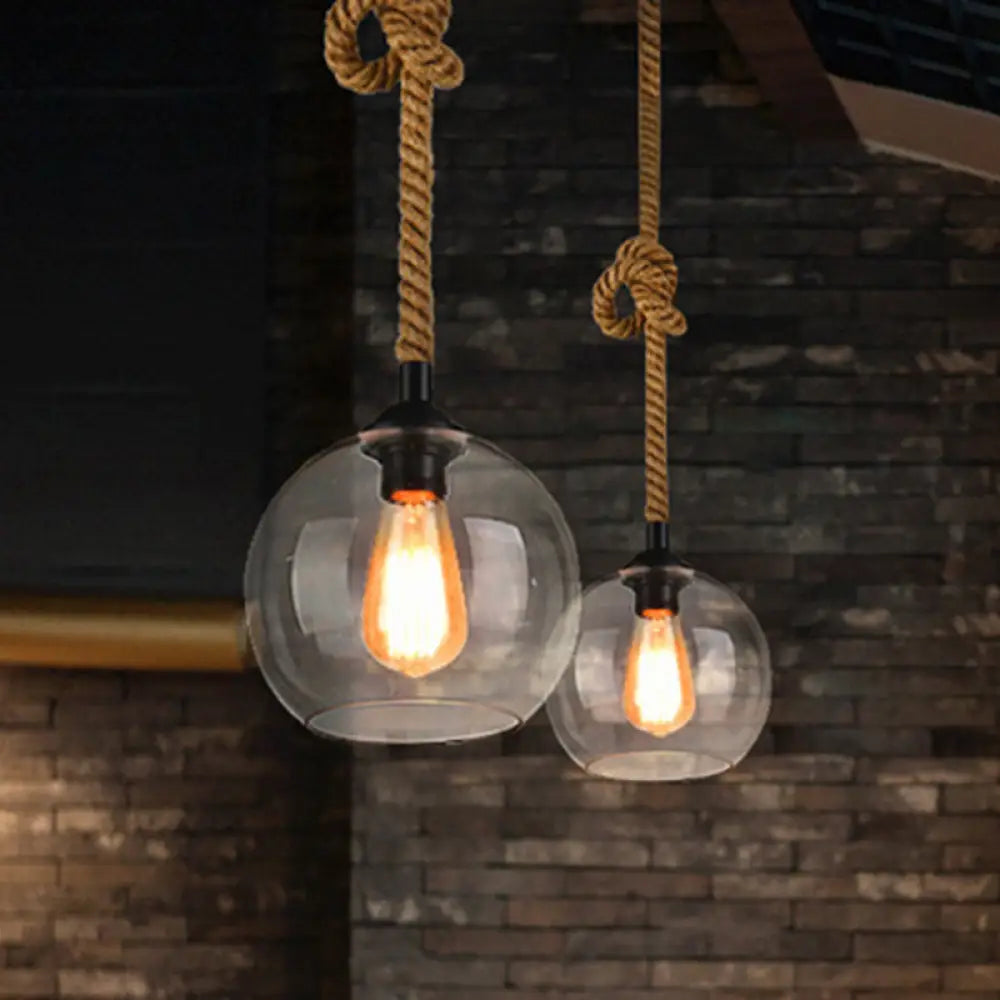 Industrial Amber/Clear Glass Ball Pendant Lamp For Restaurant Ceiling With Rope Rod Clear / 10’