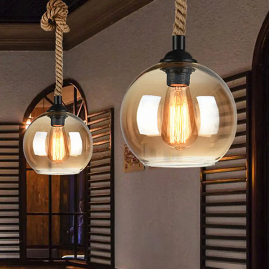 Industrial Amber/Clear Glass Ball Pendant Lamp For Restaurant Ceiling With Rope Rod Amber / 10’