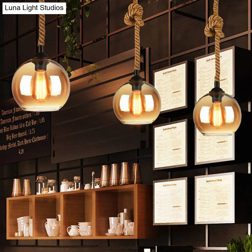 Industrial Glass Ball Pendant Lamp With Rope Rod - Amber/Clear 1 Head Restaurant Ceiling Lighting