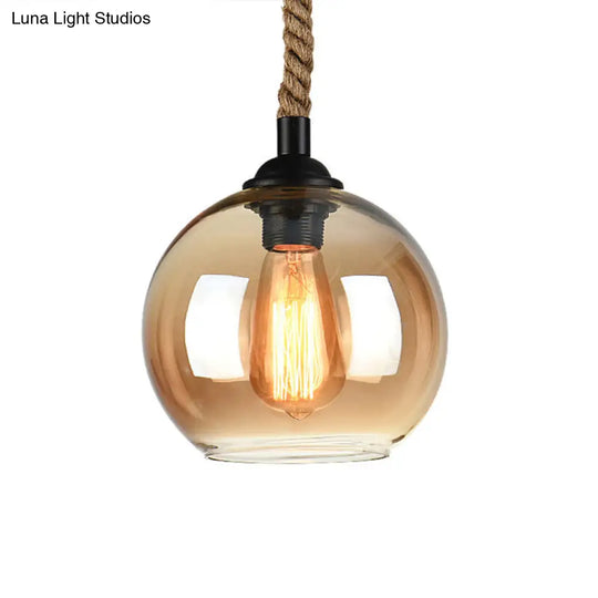 Industrial Glass Ball Pendant Lamp With Rope Rod - Amber/Clear 1 Head Restaurant Ceiling Lighting