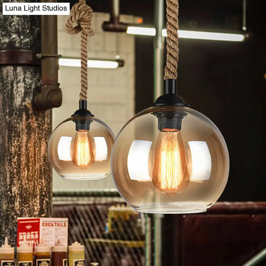 Industrial Glass Ball Pendant Lamp With Rope Rod - Amber/Clear 1 Head Restaurant Ceiling Lighting