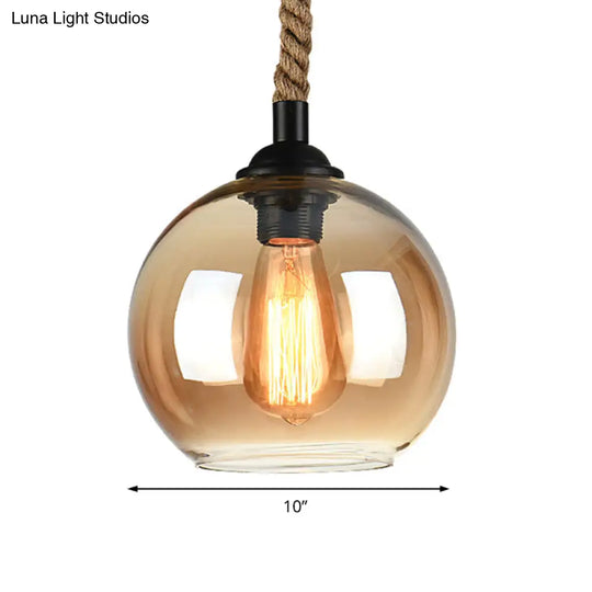 Industrial Amber/Clear Glass Ball Pendant Lamp For Restaurant Ceiling With Rope Rod