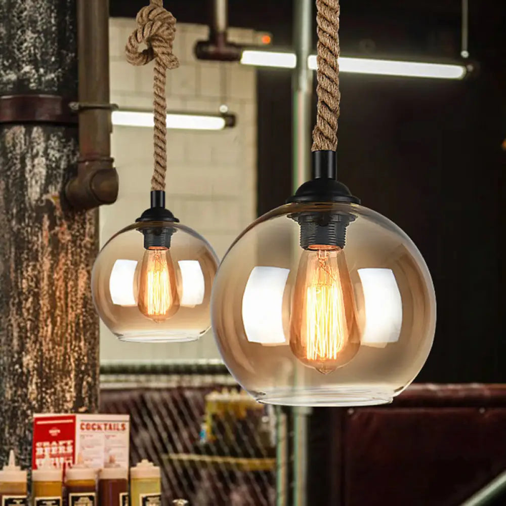 Industrial Amber/Clear Glass Ball Pendant Lamp For Restaurant Ceiling With Rope Rod Clear / 8’