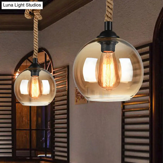 Industrial Glass Ball Pendant Lamp With Rope Rod - Amber/Clear 1 Head Restaurant Ceiling Lighting