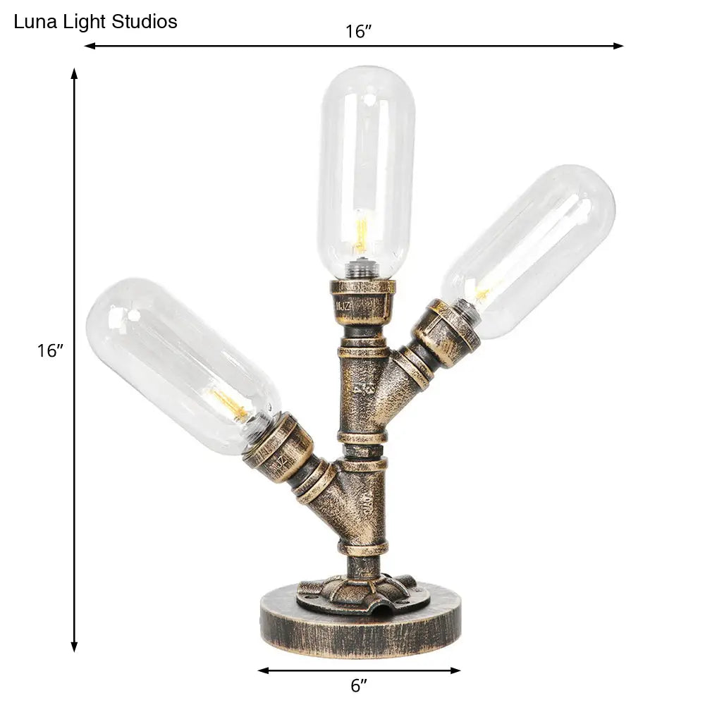 Industrial Amber/Clear Glass Capsule Led Table Lamp - Aged Bronze 3 Bulbs Perfect Nightstand Light