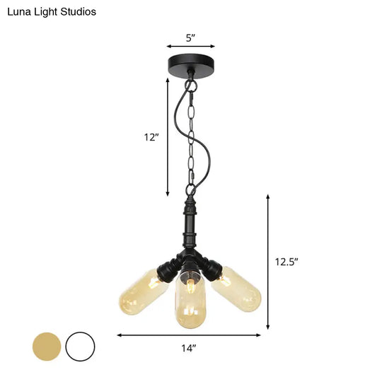 Industrial Amber/Clear Glass Piping Dining Room Chandelier With Led Lighting And Multiple Heads In