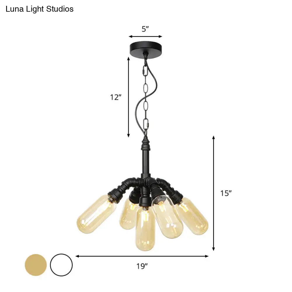 Industrial Amber/Clear Glass Piping Dining Room Chandelier With Led Lighting And Multiple Heads In