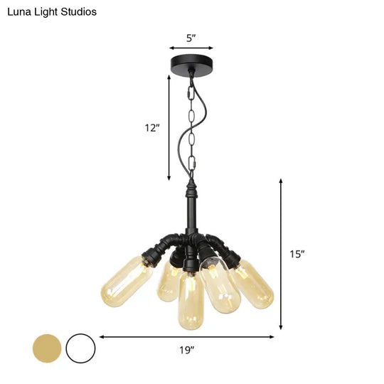 Industrial Amber/Clear Glass Piping Dining Room Chandelier With Led Lighting And Multiple Heads In