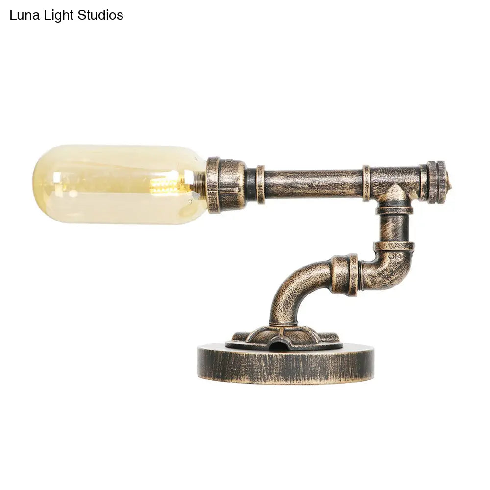 Industrial Amber/Clear Glass Led Night Light With Metal Base - Capsule Bedroom Table Lamp