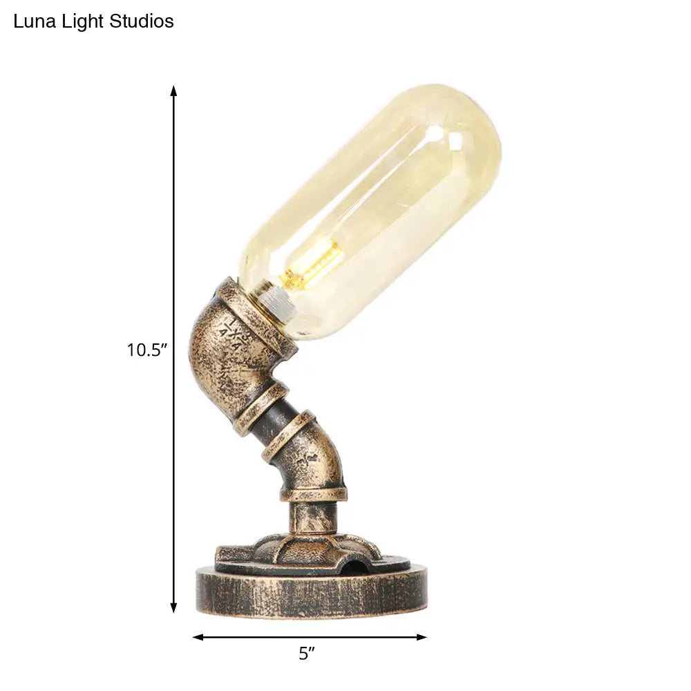 Industrial Amber/Clear Glass Led Night Light With Metal Base - Capsule Bedroom Table Lamp