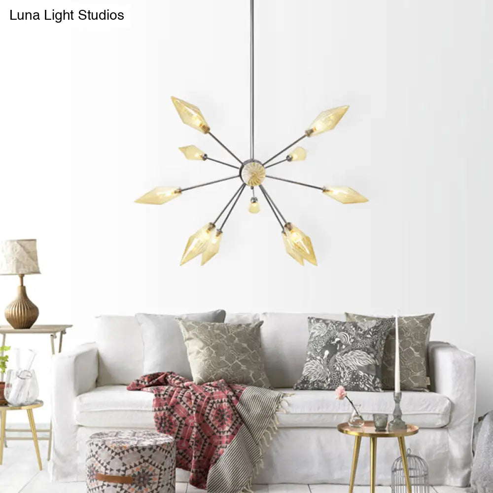 Industrial Amber/Clear Pendant Chandelier Lamp With Diamond Glass Shade - 9/12/15-Light For Living