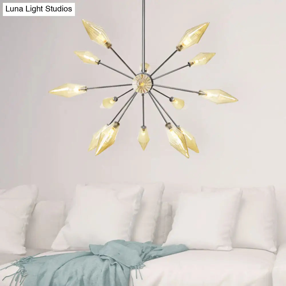 Industrial Amber/Clear Pendant Chandelier Lamp With Diamond Glass Shade - 9/12/15-Light For Living