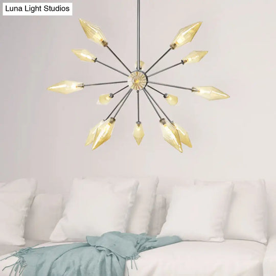 Industrial Amber/Clear Pendant Chandelier Lamp With Diamond Glass Shade - 9/12/15-Light For Living