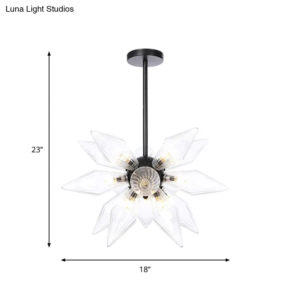 Industrial Amber/Clear Ribbed Glass Pendant Lighting With Starburst Design - 9/12/15 Heads Bedroom