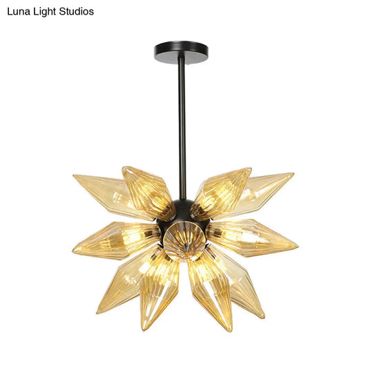 Industrial Pendant Chandelier With Amber/Clear Ribbed Glass And Starburst Design - 9/12/15 Heads For