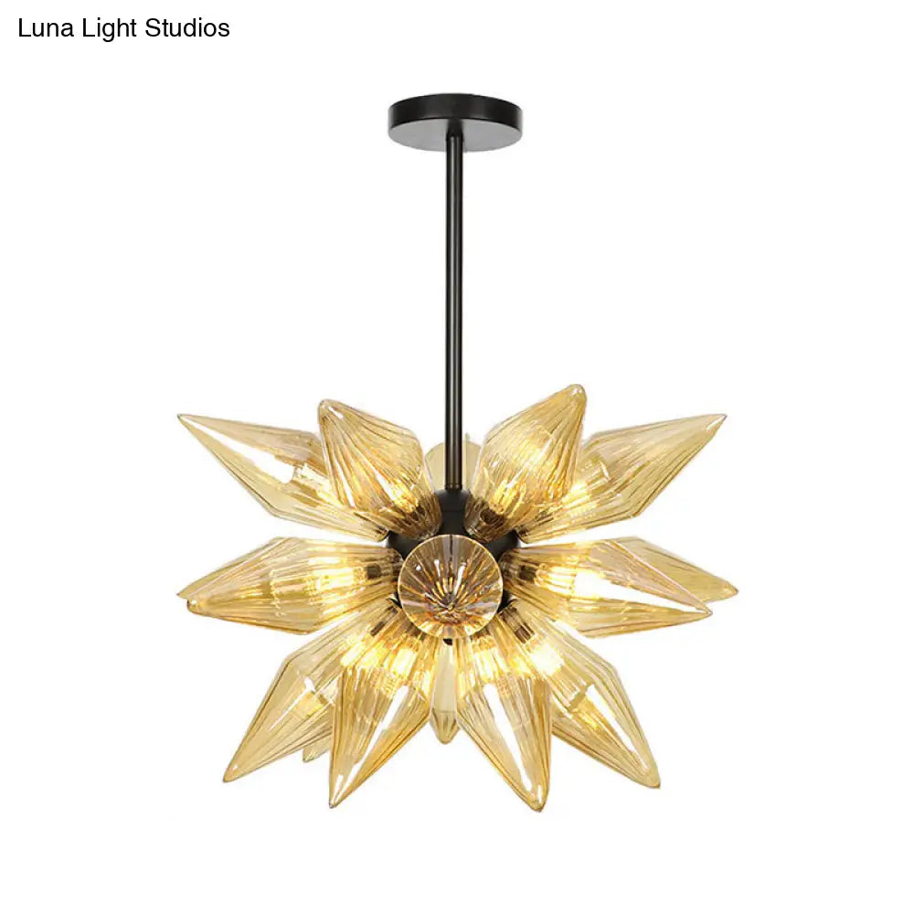 Industrial Pendant Chandelier With Amber/Clear Ribbed Glass And Starburst Design - 9/12/15 Heads For