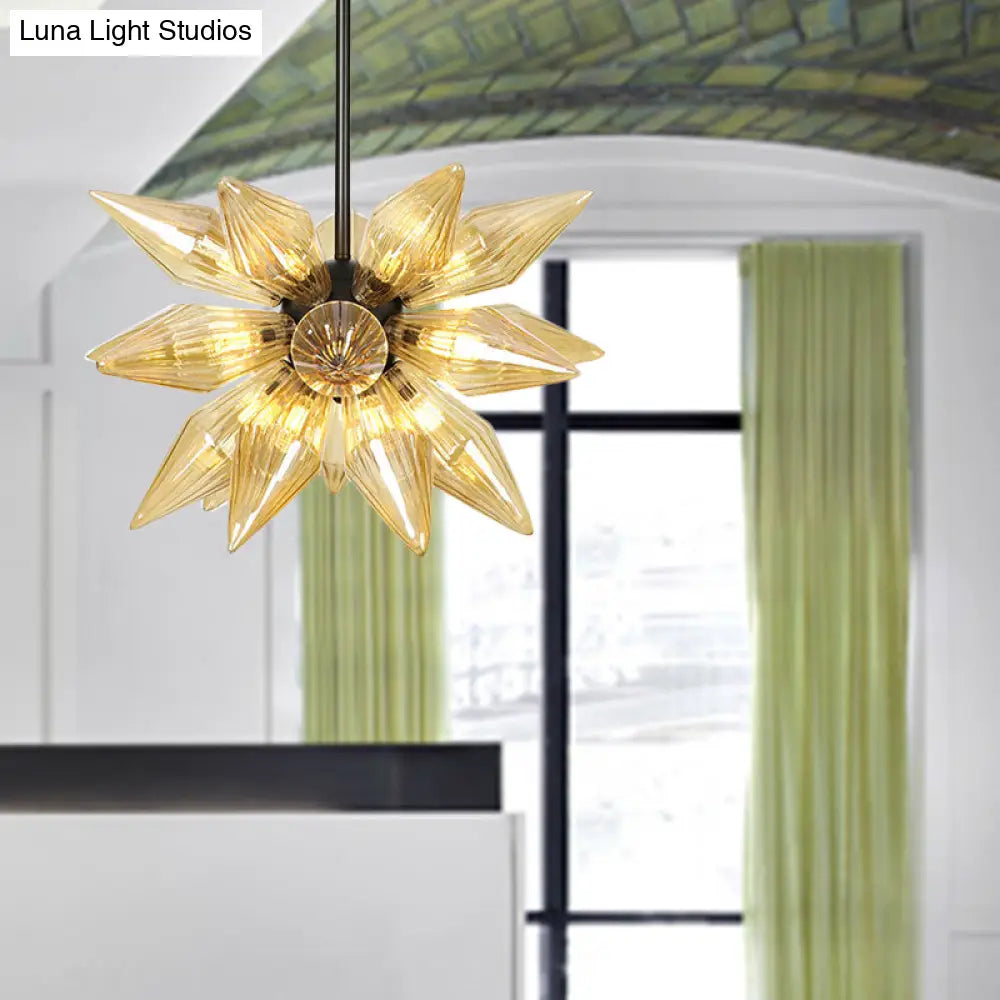 Industrial Pendant Chandelier With Amber/Clear Ribbed Glass And Starburst Design - 9/12/15 Heads For