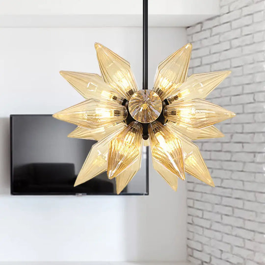 Industrial Amber/Clear Ribbed Glass Pendant Lighting With Starburst Design - 9/12/15 Heads Bedroom