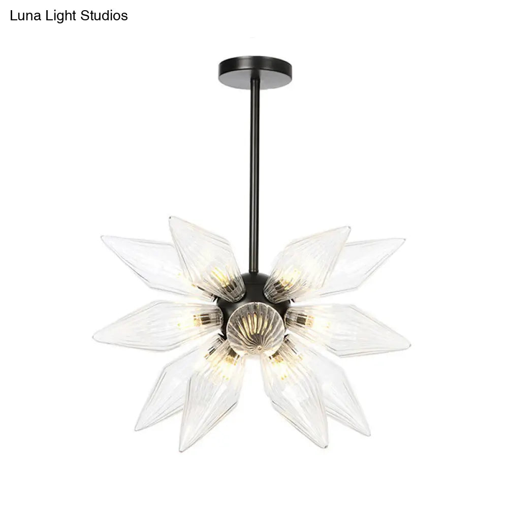 Industrial Pendant Chandelier With Amber/Clear Ribbed Glass And Starburst Design - 9/12/15 Heads For