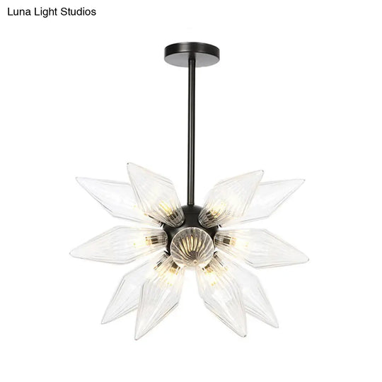 Industrial Pendant Chandelier With Amber/Clear Ribbed Glass And Starburst Design - 9/12/15 Heads For