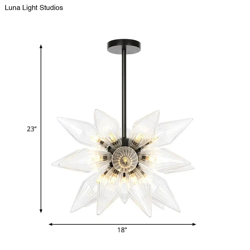 Industrial Amber/Clear Ribbed Glass Pendant Lighting With Starburst Design - 9/12/15 Heads Bedroom