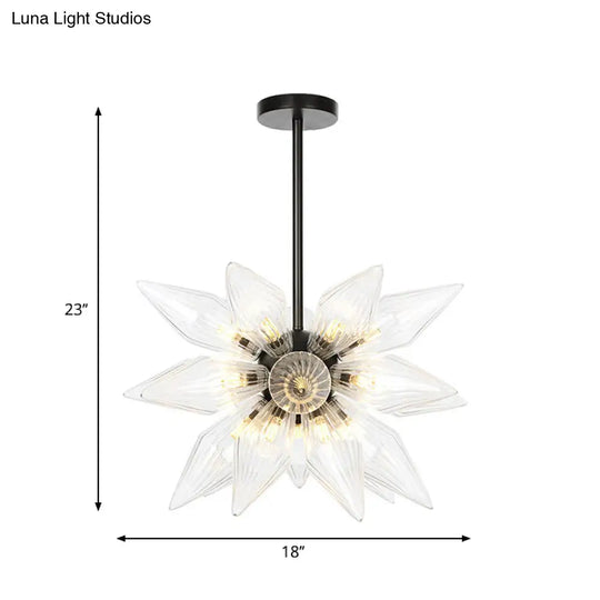 Industrial Amber/Clear Ribbed Glass Pendant Lighting With Starburst Design - 9/12/15 Heads Bedroom