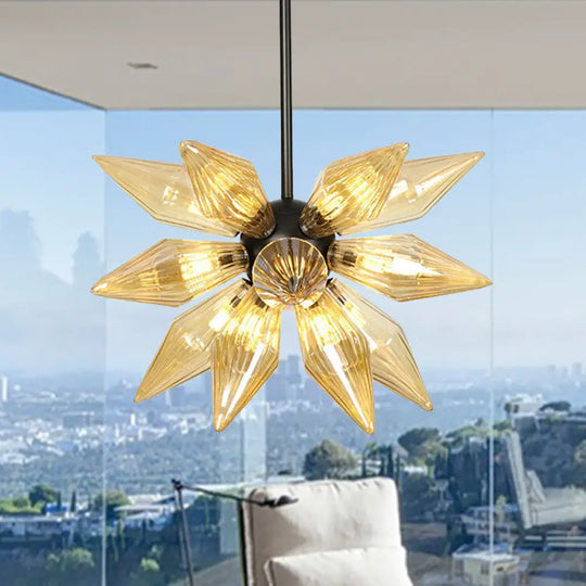 Industrial Amber/Clear Ribbed Glass Pendant Lighting With Starburst Design - 9/12/15 Heads Bedroom