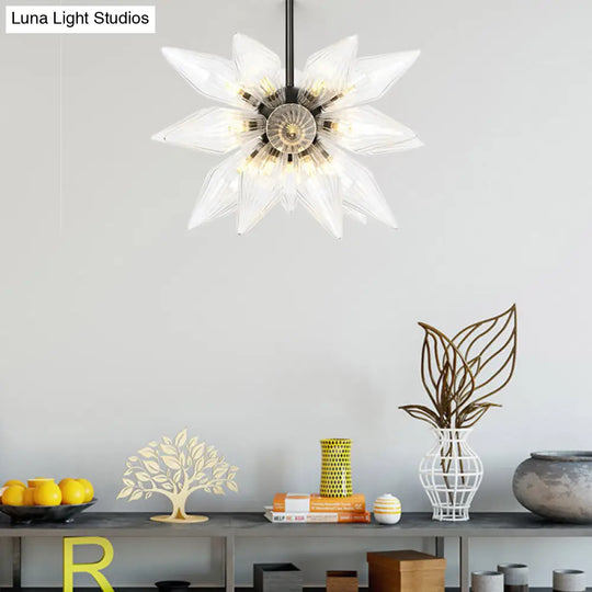 Industrial Pendant Chandelier With Amber/Clear Ribbed Glass And Starburst Design - 9/12/15 Heads For