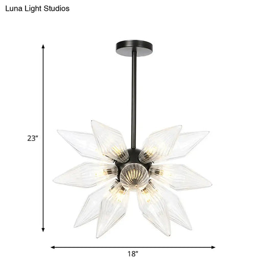 Industrial Amber/Clear Ribbed Glass Pendant Lighting With Starburst Design - 9/12/15 Heads Bedroom