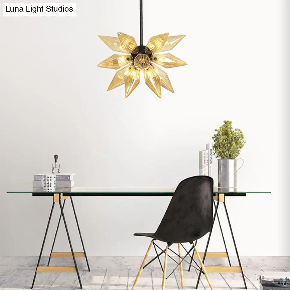 Industrial Pendant Chandelier With Amber/Clear Ribbed Glass And Starburst Design - 9/12/15 Heads For