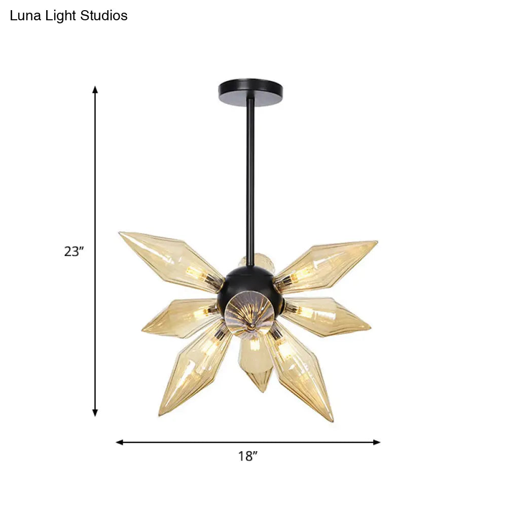 Industrial Amber/Clear Ribbed Glass Pendant Lighting With Starburst Design - 9/12/15 Heads Bedroom