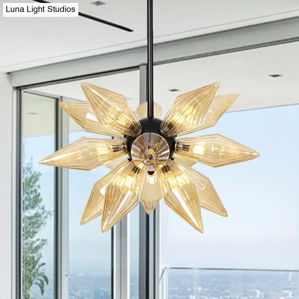 Industrial Pendant Chandelier With Amber/Clear Ribbed Glass And Starburst Design - 9/12/15 Heads For