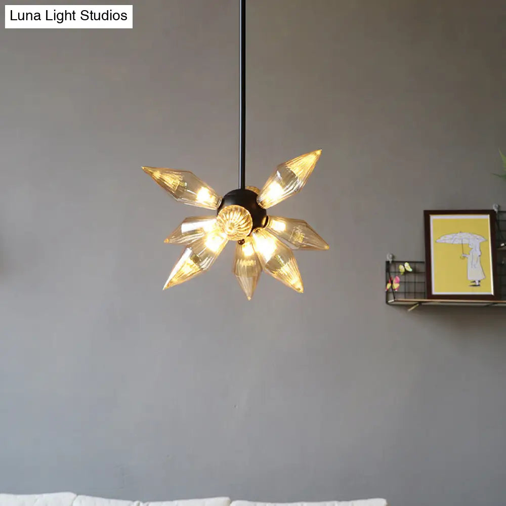 Industrial Amber/Clear Ribbed Glass Pendant Lighting With Starburst Design - 9/12/15 Heads Bedroom