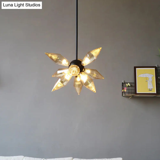 Industrial Amber/Clear Ribbed Glass Pendant Lighting With Starburst Design - 9/12/15 Heads Bedroom