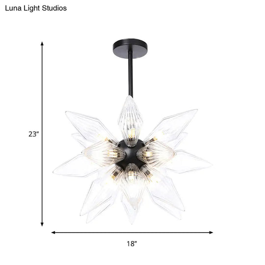 Industrial Pendant Chandelier With Amber/Clear Ribbed Glass And Starburst Design - 9/12/15 Heads For